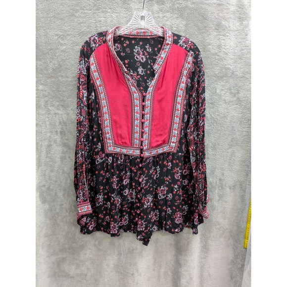 Tops - Boho Blouse Womens 2X Floral Print‎ Peasant Long Sleeve Button Front Babydoll